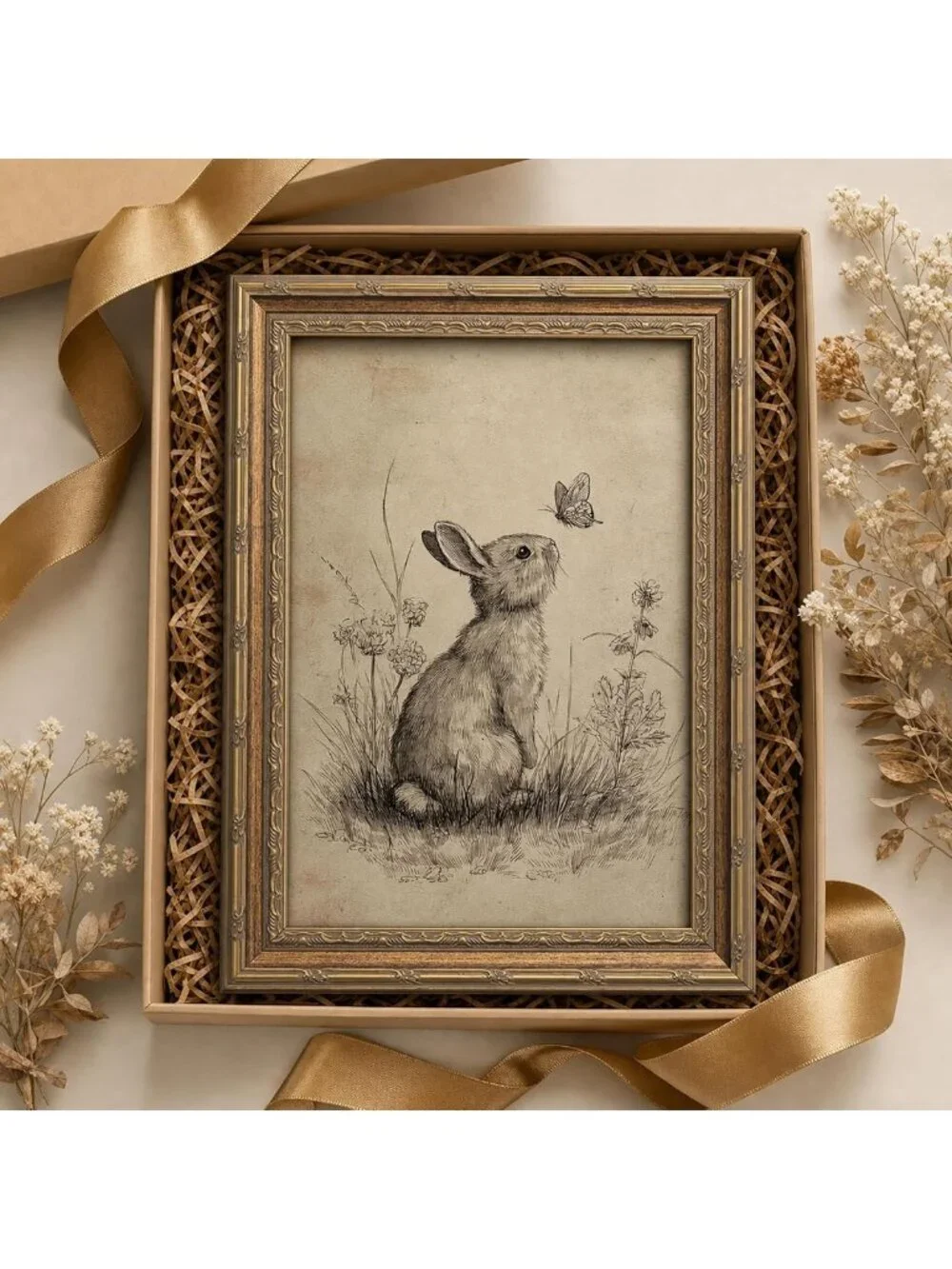 Vintage Rabbit Framed Wall Art - Woodland Sketch Decor for Home & Nursery 24x16